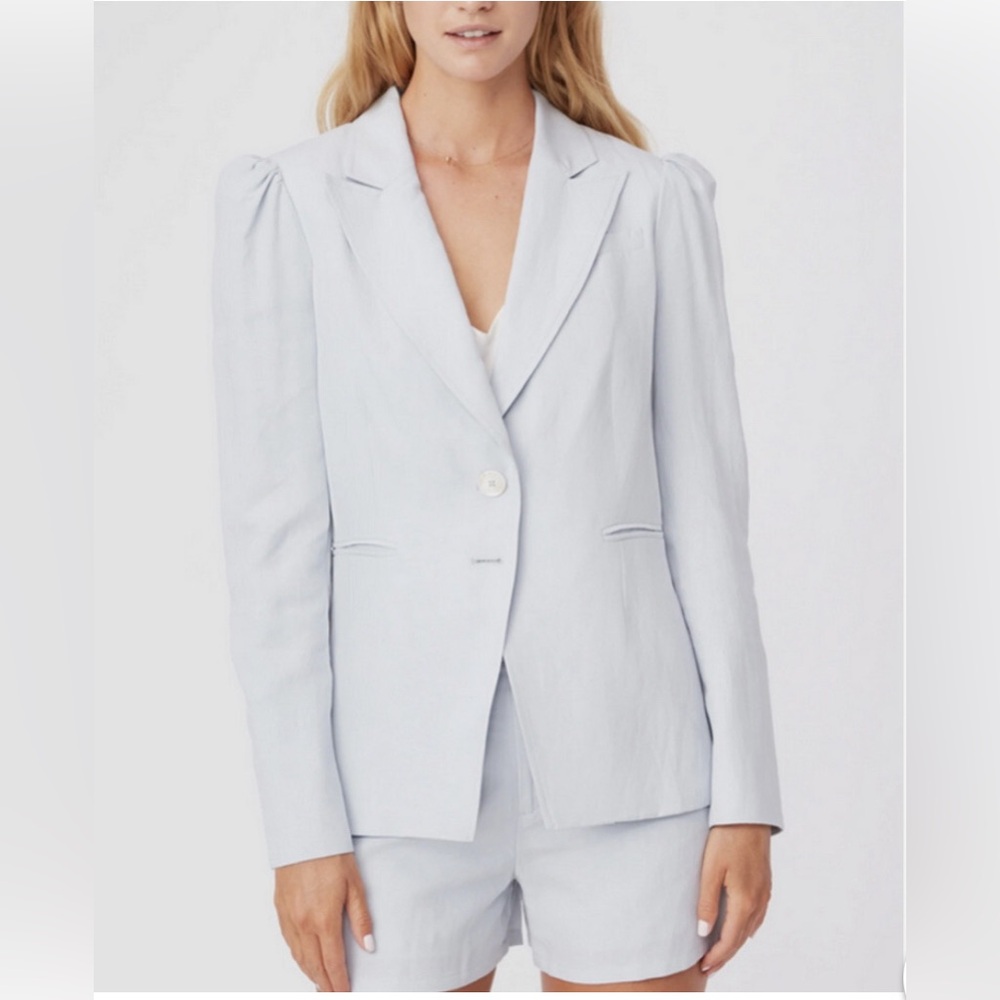 PAIGE Chelsea Notch Collar Blazer Light Blue Medium Puff Sleeve Linen Blend